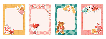 Groovy retro note sheets and cards in checkered and striped style with cute Valentines Day stickers such as heart jar, padlock key, cupcake, balloon, gift box, singing bird and teddy bear.のイラスト素材