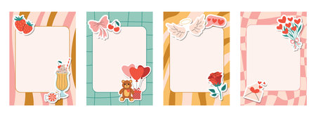 Groovy retro note sheets and cards in colorful checkered and striped style with Valentines Day stickers such as heart balloon, milk cocktail, strawberry, teddy bear, angel wing and rose.のイラスト素材