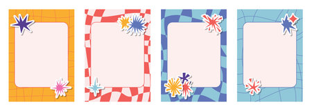 Set of retro checkered and striped note sheets and framed cards decorated with irregular star and sparkle collage stickers. Bold angular shapes create a fun handmade look for creative craft designs.のイラスト素材