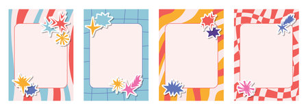 Retro note sheets and cards with checkered and striped patterns paired with irregular star and sparkle collage stickers. Sharp angular elements bring a dynamic artistic feel to craft projects.のイラスト素材