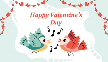Happy Valentines Day horizontal card with organic halftone frame, greeting text, heart garland and a cute couple of singing birds. Soft flat cartoon style perfect for romantic holiday cards.のイラスト素材
