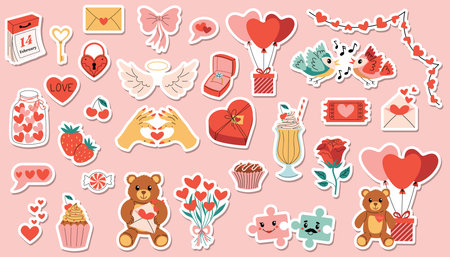 Set of cartoon stickers for Happy Valentines Day with hearts, angel wings, gifts, teddy bears, roses, birds, candies, cupcake, milk cocktail and balloos. Bright flat style perfect for cards.のイラスト素材