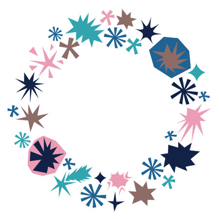 Colorful round frame made of irregular stars and simple geometric cut shapes in playful collage style. Bright cartoon flat border for greeting card, poster design, fun note layout or creative decor.のイラスト素材