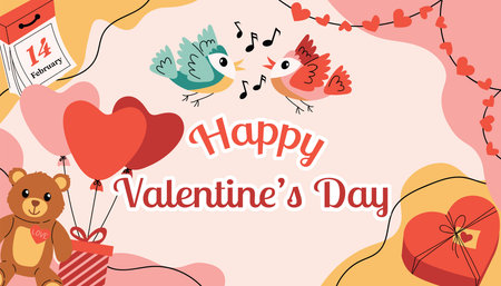 Festive Valentines Day card with organic shapes, holiday text, loving songbirds, teddy bear with gift and heart balloons, heart box, cute garland and calendar symbol.のイラスト素材