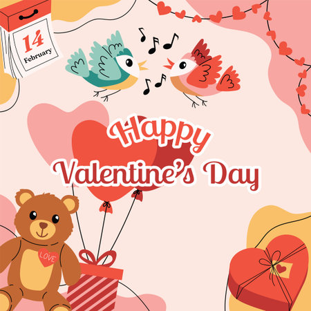 Colorful Happy Valentines Day greeting card with bold text, organic shapes, songbird couple, teddy bear with gift box and heart balloon, heart gift, garland and calendar element.のイラスト素材