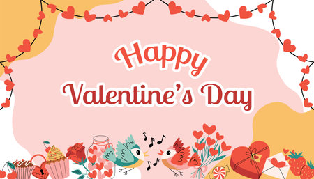 Colorful Happy Valentines Day greeting card with festive text, organic shapes, heart garlands, songbird couple, heart gift box, heart jar, roses, cupcakes, mail with hearts, strawberries and cherries.のイラスト素材