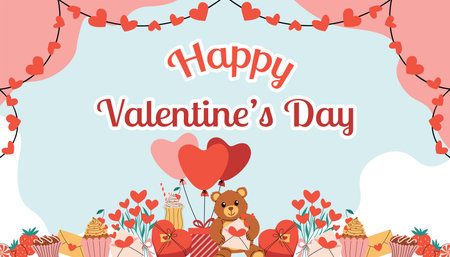 Colorful Happy Valentines Day greeting card with sweet text, organic shapes, heart garlands, teddy bear with heart balloons and gift box, heart gift, roses, love mail, cupcakes and more on blue.のイラスト素材