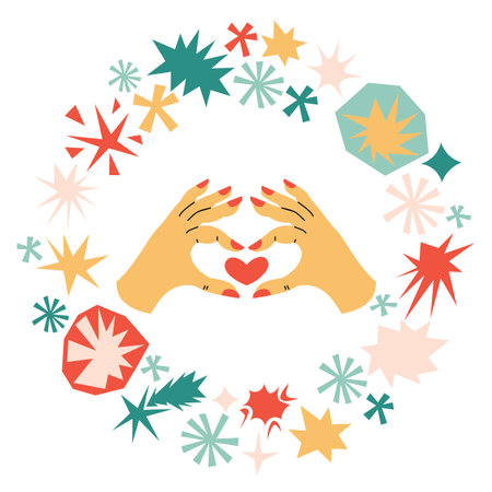 Circular frame with stars and simple geometric elements highlighting a hand gesture forming a heart. A playful flat cartoon Valentine card ideal for love themes, posters, prints, and holiday decor.のイラスト素材