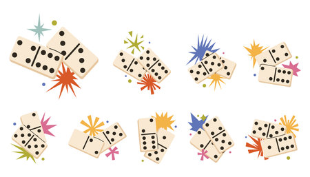 Set of fun domino game pieces with bold star compositions in bright cartoon flat style. Playful shapes create a cheerful game mood perfect for creative design, kids themes and modern projects.のイラスト素材