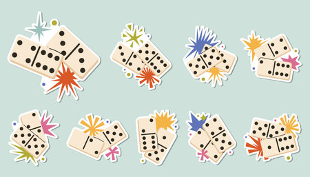 Set of fun domino game pieces with star compositions designed as playful stickers. Bold shapes and bright colors in cartoon flat style perfect for game themes, decor accents and creative projects.のイラスト素材