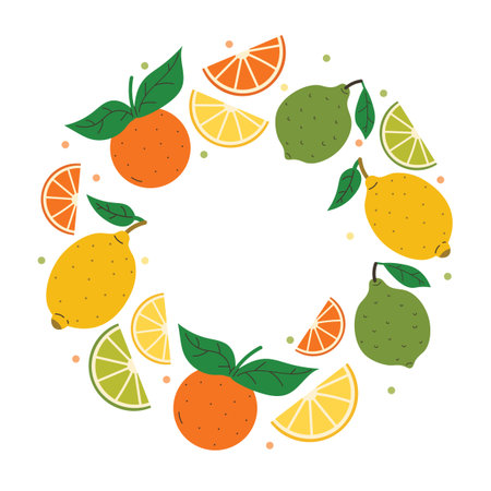 Decorative round border with citrus fruits, lemon, orange, lime, wedges and fresh green leaves with tiny dots. Flat cartoon design.のイラスト素材