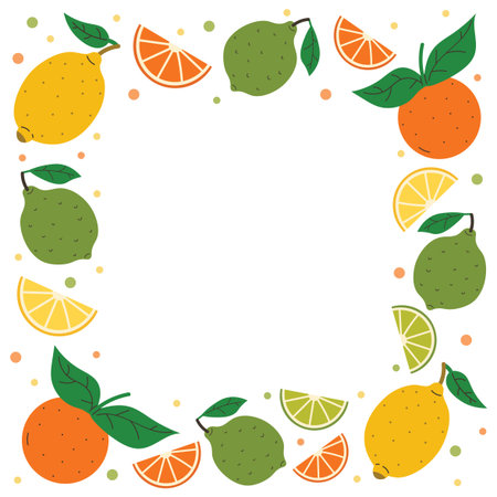 Colorful square citrus fruit frame with lemon, orange, lime slices, green leaves and small dot elements. Fun flat cartoon style ideal for food design, summer decor, packaging.のイラスト素材