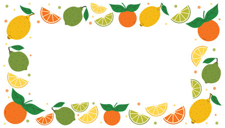 Rectangle frame of citrus fruits including lemon, orange, lime with green leaves, wedges and tiny dot accents. Bright flat cartoon style perfect for summer design, healthy food themes, backgrounds.のイラスト素材
