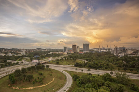 Sunset scene over the highway and cityのeditorial素材