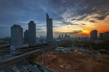 Sunrise with new contruction and bamboo towerのeditorial素材