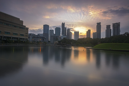 Sunrise scene with building reflection over the lakeのeditorial素材