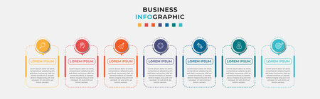 Business Infographic design template Vector with icons and 7 seven options or steps. Can be used for process diagram, presentations, workflow layout, banner, flow chart, info graphのイラスト素材