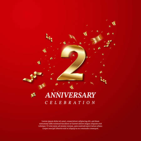 2th Anniversary celebration. Golden number 2 with sparkling confetti, stars, glitters and streamer...