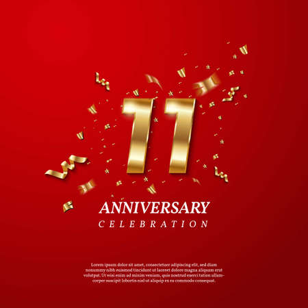 11th Anniversary celebration. Golden number 11 with sparkling confetti, stars, glitters and streamer ribbons on red background. Vector festive illustration. Birthday or wedding party event decorationのイラスト素材