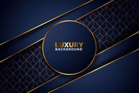 luxurious dark navy gold line overlap with circle and rectagle mesh pattern combination background....