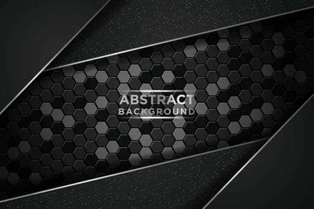Dark abstract background with circle and black overlap layers. Silver list and silver glitters dots element on hexagon textured backgroundのイラスト素材