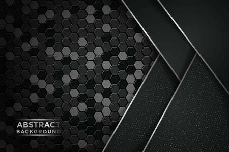 Dark abstract background with circle and black overlap layers. Silver list and silver glitters dots element on hexagon textured backgroundのイラスト素材