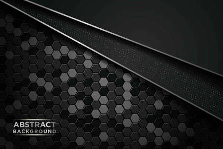 Dark abstract background with circle and black overlap layers. Silver list and silver glitters dots element on hexagon textured backgroundのイラスト素材