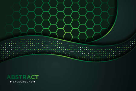Abstract wave overlap dark green with glitters dots and hexagon mesh combination design modern luxury futuristic technology background vector illustration.のイラスト素材