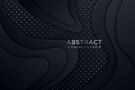 Black paper cut background. Abstract realistic papercut decoration with wavy layers and silver...