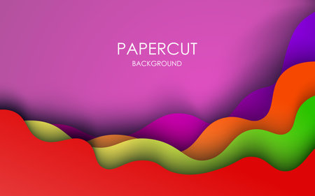 multi colored abstract red, green, orange and purple wavy papercut overlap layers background.のイラスト素材