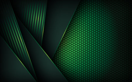 Dark abstract green light background with hexagon mesh pattern decoration.のイラスト素材