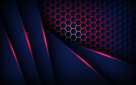 abstract red light background gradient shapes. navy blue hexagon mesh pattern decoration.のイラスト素材