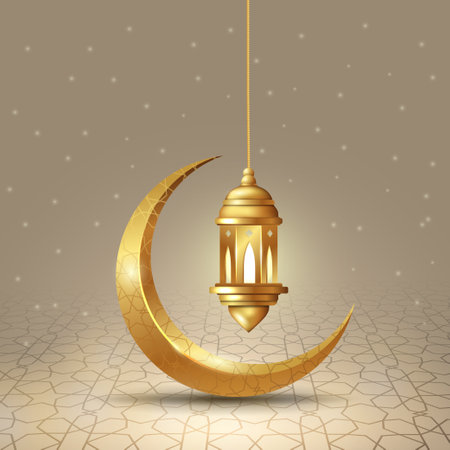 Ramadan Kareem islamic design crescent moon and lantern with arabic pattern and calligraphyのイラスト素材