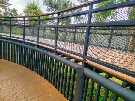 The beauty of the modern classic aesthetic wooden bridge architecture that surrounds the forest with tall, lush treesの写真素材