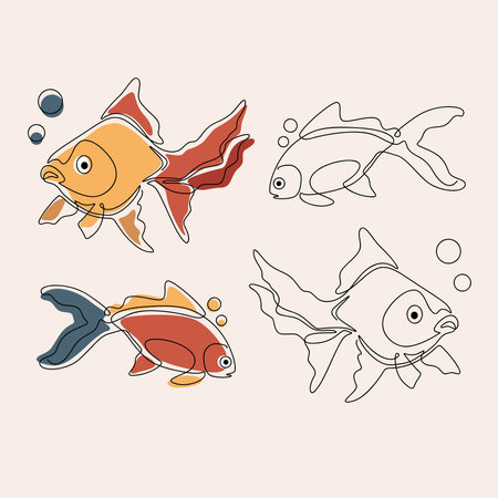 Set of cute cartoon goldfish. Hand drawn vector illustration in one line art style.のイラスト素材