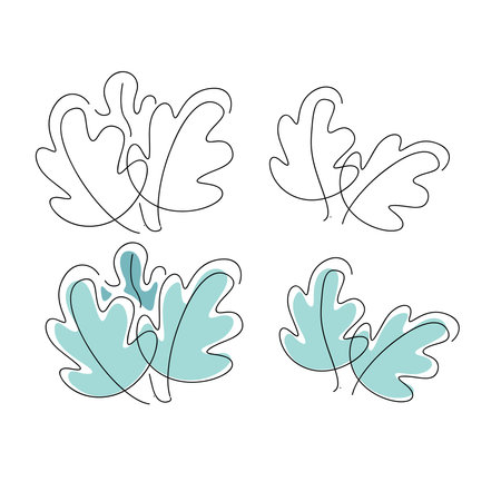 Set of oak leaves in one line art style. Vector illustration.のイラスト素材
