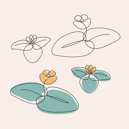 Set of four hand drawn lotus flower in one line art style. Vector illustration.のイラスト素材