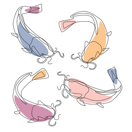 Illustration of a set of different colored catfish on a white background. one line art styleのイラスト素材