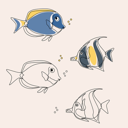 Cute hand drawn set of fish. Vector illustration in doodle style.のイラスト素材