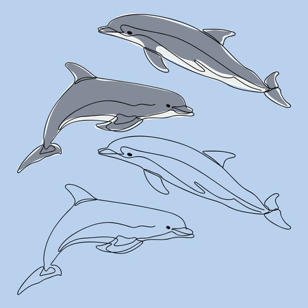 Dolphins. Set of vector sketches of dolphins on a blue background.のイラスト素材