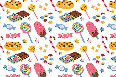 Seamless pattern with candies, lollipops, chocolate and cookies.のイラスト素材
