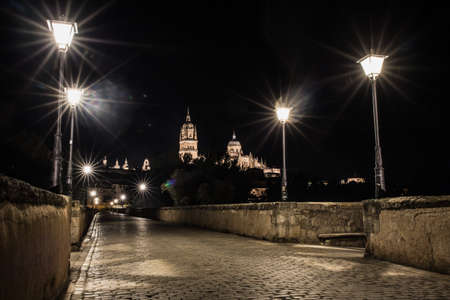 Beautiful view of the cathedral of Salamanca and the Roman bridge, Castilla y Leon, Spainの写真素材