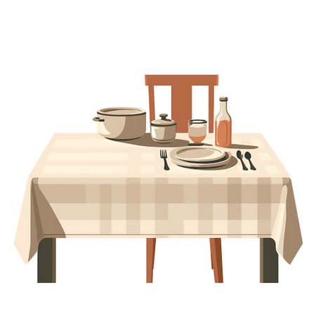 Table with tablecloth and utensils. Vector illustration in cartoon style.のイラスト素材