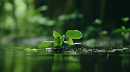 Green sprout growing out of water in the forest. Nature concept