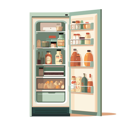 Refrigerator full of food. Vector illustration in flat style.のイラスト素材