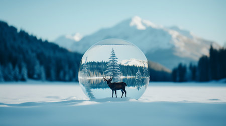 Reflection of a deer in a glass ball with snowy mountains in the backgroundの素材