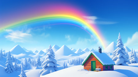 Winter landscape with a wooden house and a rainbow. Vector illustration.の素材