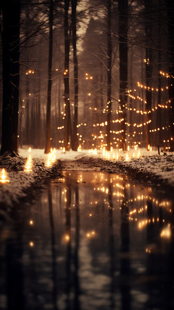 Winter forest with Christmas lights and reflections in the puddle.の素材
