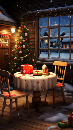 Wooden house with Christmas tree and giftsの素材