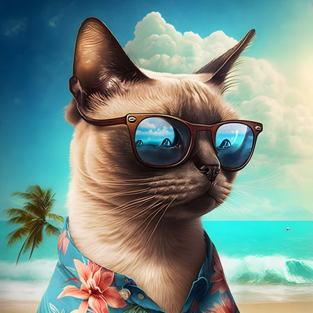 Portrait of a siamese cat wearing sunglasses on the beach AI Generatedの素材